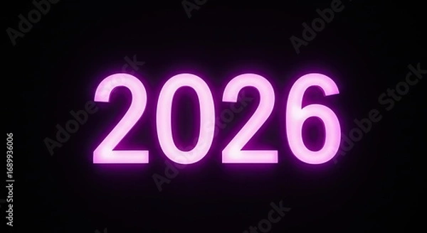 Fototapeta Glowing Neon 2026: Vibrant Pink Numbers on Black Background, Future Year Celebration