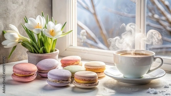 Fototapeta Cozy winter morning scene featuring pastel-colored macarons and a steaming cup of coffee by a sunlit window with a pot of spring flowers