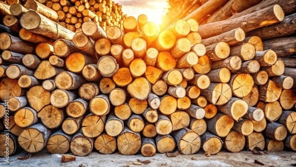 Fototapeta Golden Hour Lumber Stack A Warmly Lit Collection of Cut Logs Ready for Processing