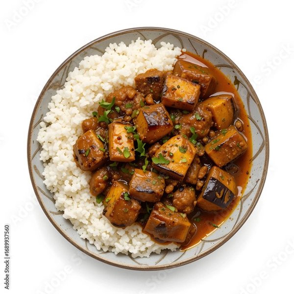 Obraz A smoky, roasted eggplant curry known as Baingan Bharta, mashed and spiced, served in a bowl,