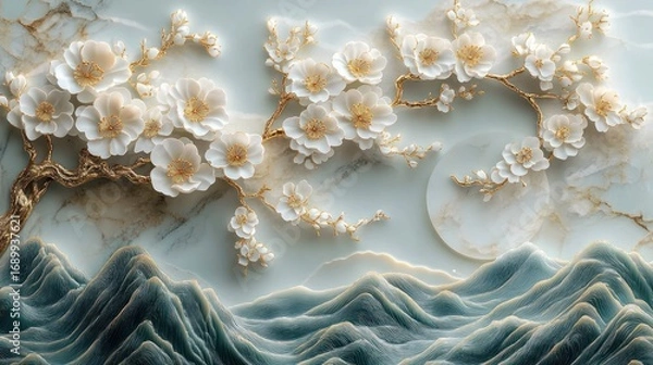Obraz Elegant textured artwork featuring white blooming flowers on golden branches above stylized blue-green mountains with a marbled sun in the background, evoking tranquility