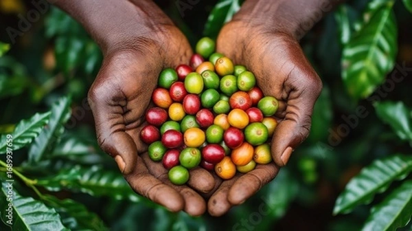 Obraz Close-up of dark-skinned hands holding colorful coffee cherries with green leaves in the background