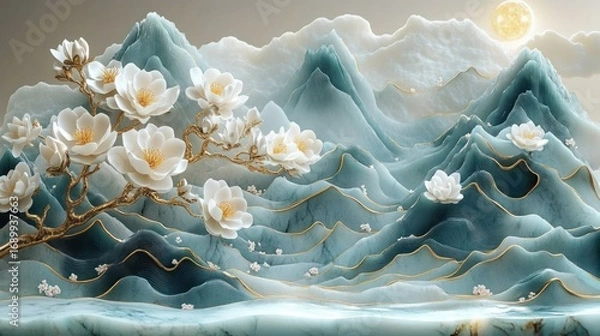 Obraz Surreal landscape featuring teal blue mountains with gold accents under a bright sun, with large white magnolia flowers blooming on golden branches in the foreground
