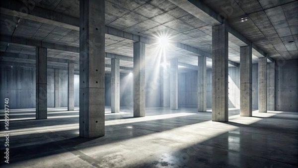Fototapeta Sunbeams Illuminate Vast Empty Concrete Structure with Numerous Support Pillars
