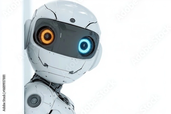 Obraz close-up of a futuristic small white robot with one blue eye and one orange eye looking curiously against a bright white background