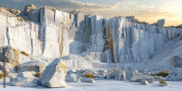 Obraz Bright white marble quarry with towering vertical rock faces, large scattered boulders, sunlight casting soft shadows under a partly cloudy sky