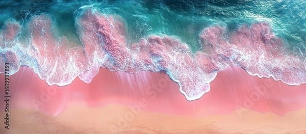 Obraz Aerial view of ocean waves gently crashing onto a vibrant pink sandy beach with turquoise blue water and white sea foam