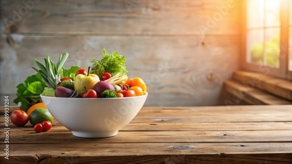 Fototapeta A Colorful Array of Fresh Produce in a White Bowl on a Rustic Wooden Table, Bathed in Warm Sunlight