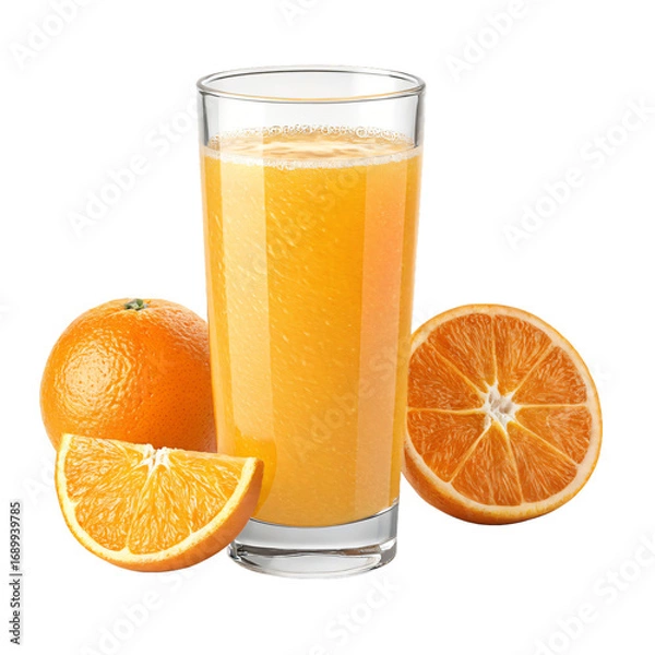 Fototapeta Vibrant Orange Juice: A refreshing glass of freshly squeezed orange juice, accompanied by whole and sliced oranges, inviting viewers with a burst of color and the promise of a healthy start.