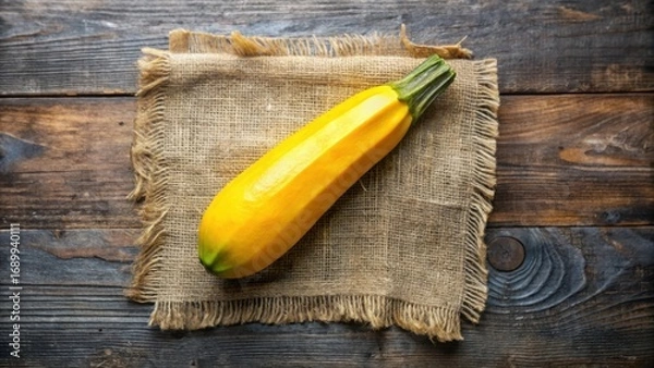 Fototapeta A single, vibrant yellow zucchini rests gently upon a rustic, burlap napkin, displayed against a backdrop of rich, dark wood grain. This image evokes a sense of simple, wholesome goodness.