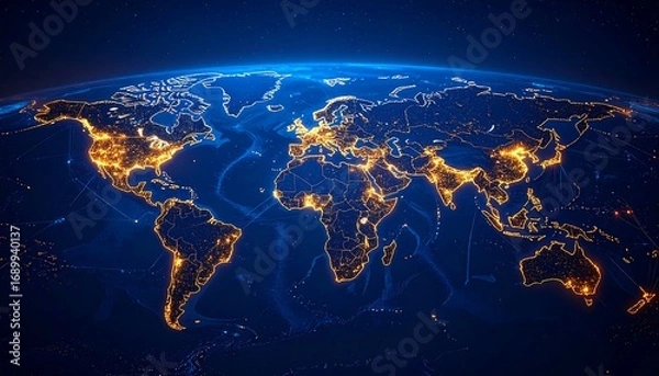 Fototapeta Night-lit global map showcasing interconnectedness via glowing lines