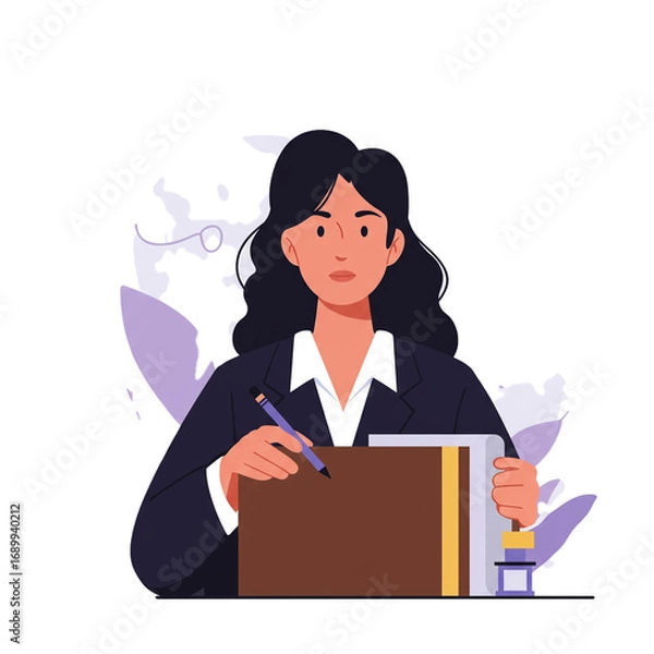 Fototapeta A focused professional woman in a dark business suit diligently writes in a notebook while holding a book, embodying dedication, career, and education.