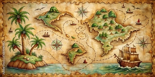 Fototapeta An ancient treasure map depicting a journey across a vast ocean, featuring islands with lush vegetation, sailing vessels, and navigational tools, hinting at a hidden fortune awaiting discovery.