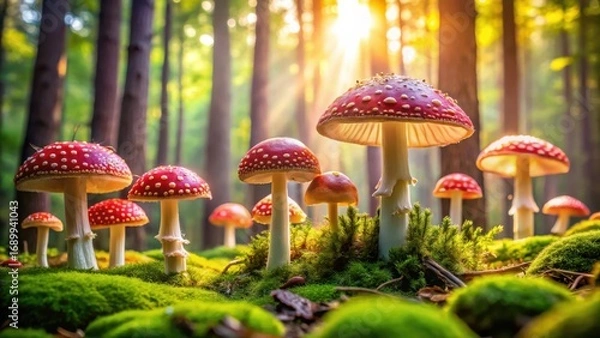 Fototapeta Enchanted Forest Fungi A Cluster of Red Mushrooms Basking in Golden Sunlight Amidst Lush Green Moss