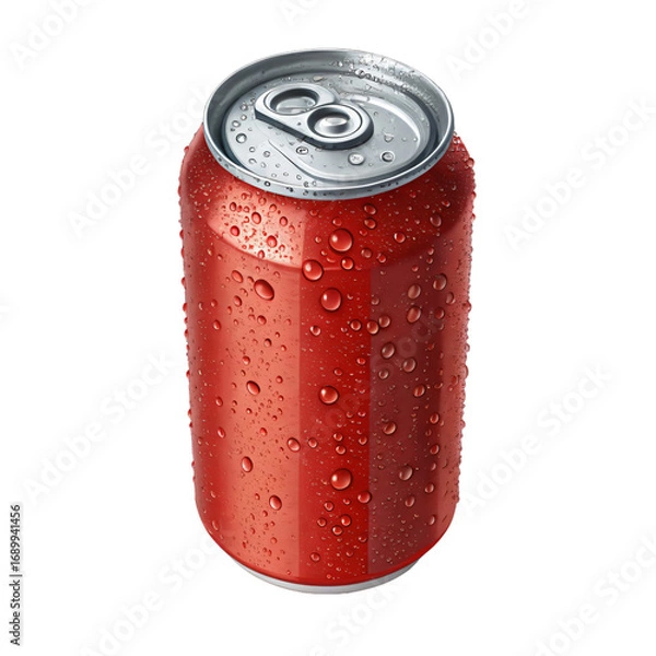 Fototapeta Icy Beverage Can: A vibrant red aluminum can, beaded with refreshing condensation, stands as a symbol of cool refreshment on a hot day, ready to quench your thirst.