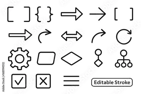 Fototapeta Thin line icon collection with editable stroke. Vector set of UI and UX symbols. Arrows, gear, brackets, flowchart, diagram, checkmark, cross, and menu icons for web and app.