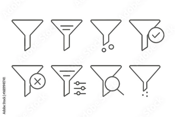Fototapeta Filter and funnel thin line icon set. Vector collection for data sorting, web and app UI design. Symbols for search, settings, refining, and data processing concepts.