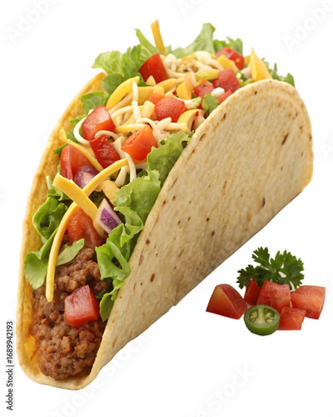 Fototapeta Taco Delight: A mouthwatering taco, overflowing with fresh ingredients like vibrant tomatoes, crisp lettuce, savory ground meat, shredded cheese, and a touch of jalapeño.