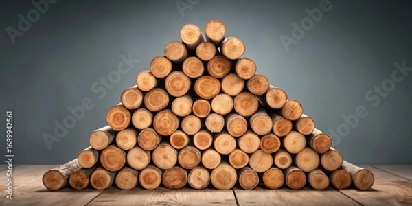 Fototapeta A precisely stacked arrangement of numerous wooden logs forms a triangular pile, resting on a rustic wooden surface against a muted gray backdrop.