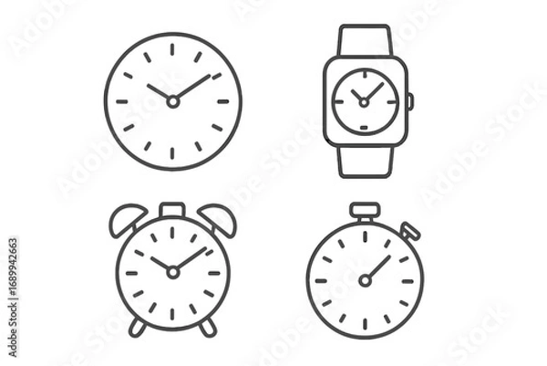 Fototapeta Clock, Smartwatch, Alarm Clock, Timer Line Icon Set. Outline Vector Timepiece Symbols for App UI, Web Design, Infographics, Ad Banners, Social Media, Digital Devices, Scheduling, Productivity Concepts