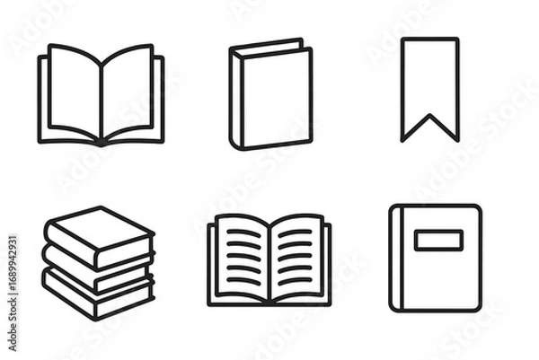 Fototapeta Book icons set vector outline. Open book, closed book, stack, bookmark, diary, reading concept. Education, literature, library, app symbol. Modern line design for web, mobile, print, advertising.