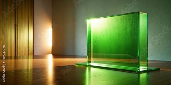 Fototapeta Illuminated Emerald Glass Display on Polished Wood Surface