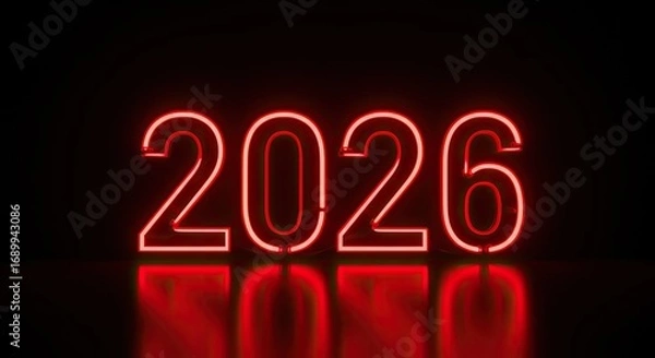 Fototapeta Glowing Red Neon 2026 Sign Reflecting on Black Surface, Futuristic Design.