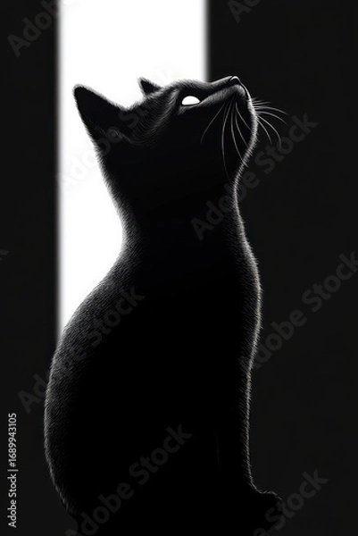 Fototapeta Silhouette of a cat sitting and looking upward with whiskers illuminated against a stark black and white background, creating a mysterious and contemplative mood