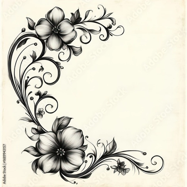 Fototapeta Black and white elegant floral corner design with detailed flowers, leaves, and swirling vines on a light textured background expressing grace and sophistication