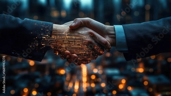 Fototapeta Handshake between two business people with one hand transforming into glowing digital circuitry symbolizing technology integration and partnership