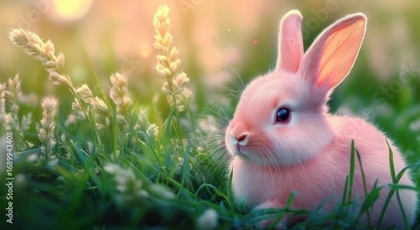 Fototapeta Close-up of a soft pink rabbit sitting peacefully in green grass with blooming wildflowers under warm sunlight