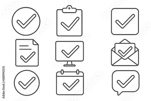 Fototapeta Checkmark icon set, simple line art collection. Tick symbol for approved, done, complete tasks. Vector graphics of clipboard, email, calendar, document. Editable stroke.