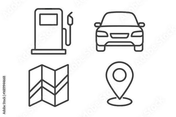 Fototapeta Fuel pump car road map pin location navigation icon set. Editable stroke vector outline illustration. Transport travel navigation GPS route symbols for app UI, placards, web, books, card design.