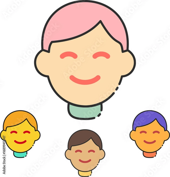 Fototapeta Diverse group of smiling cartoon faces representing community, friendship, and happiness in a vibrant, modern style, perfect for conveying connection and positivity in digital and print media.