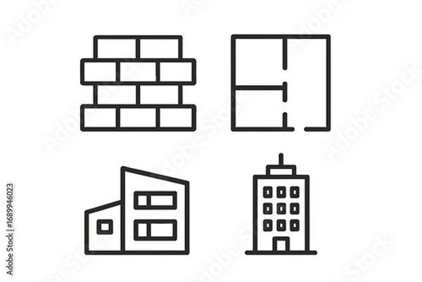 Fototapeta Modern architecture construction outline icon set with brick wall, home floor plan, house, and apartment building. Vector minimal black design for web, social media, branding, advertising, and print.