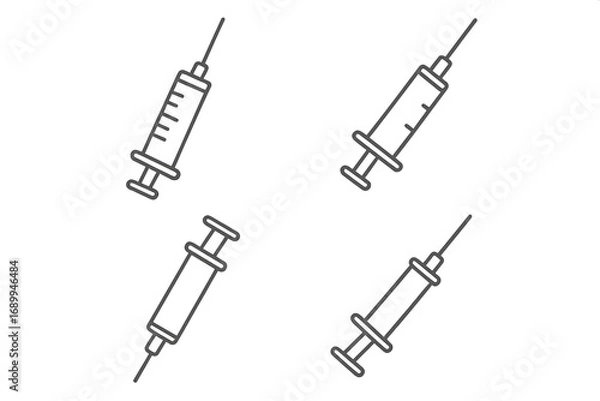 Fototapeta Medical syringe line art icon set. Vector illustration for concepts like vaccination, injection, dose, and healthcare. Clean needle graphic for web, apps and design projects.