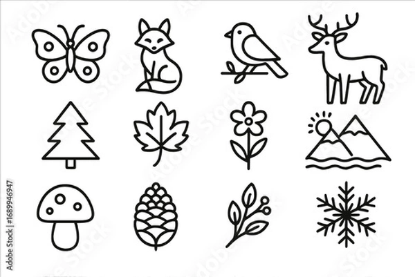 Fototapeta Nature and wildlife line icon set. Forest animals, plants, four seasons symbols. Minimalist outline vector graphic. Includes deer, fox, bird, butterfly, tree, leaf, snowflake.