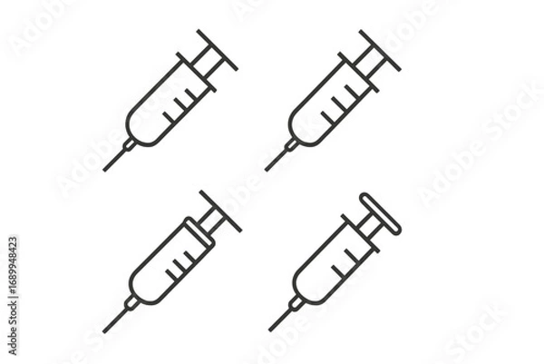 Fototapeta Medical syringe icon set. Thin line vector illustration of injection for vaccine or drug dose. Concept for healthcare, immunization, treatment, hospital, and medicine graphic.