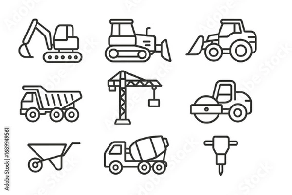 Fototapeta Construction equipment line icon set. Heavy machinery and tools linear collection. Vector outline symbols for building and industry. Excavator, crane, bulldozer, truck icons.