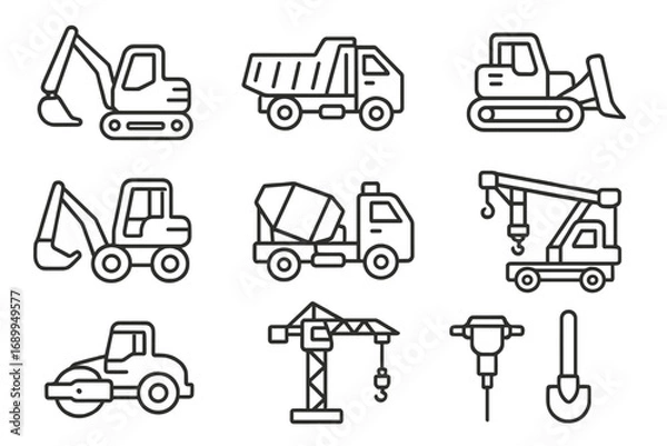 Fototapeta Construction machinery line icon set. Heavy equipment, vehicles and tools for building. Vector outline symbols of excavator, truck, bulldozer, crane. Linear pictogram collection.