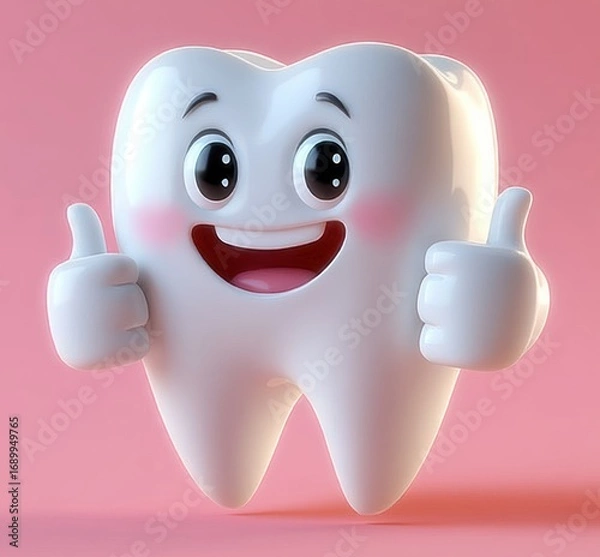 Fototapeta happy shiny cartoon tooth with big eyes and smiling mouth showing thumbs up on pink background