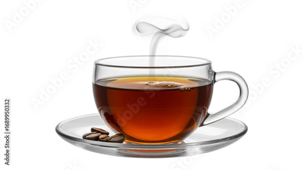 Obraz Aromatic cup of hot coffee with steam and coffee beans for energy boost
