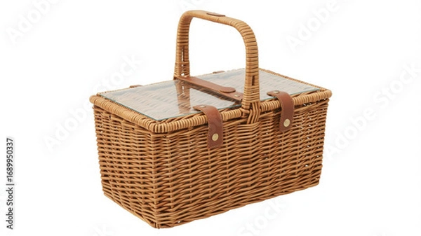 Obraz Rustic wicker picnic basket with leather accents for outdoor gatherings