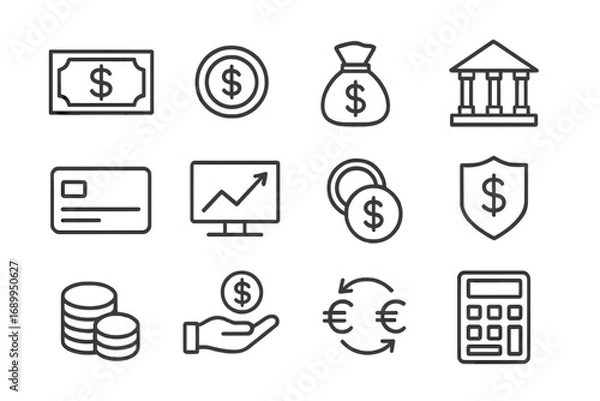 Fototapeta Finance and banking line icon set. Money, currency exchange, investment, and payment symbols. Vector business outline icons for web and mobile. Financial graphic elements.