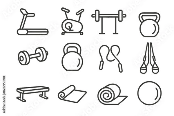 Fototapeta Fitness equipment line icon set. Exercise, workout, gym tools collection in outline style. Vector symbols for health, sport and training. Dumbbell, kettlebell, treadmill icons.