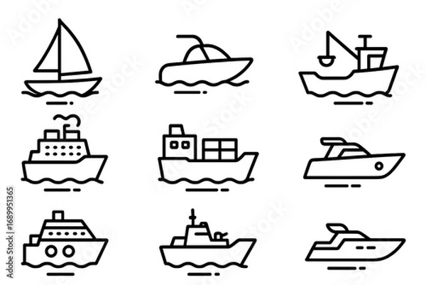 Fototapeta Ship line icon set. Sea and ocean transportation outline symbols. Vector collection of boat, yacht, sailboat, cruise liner, cargo ship, ferry, and fishing trawler signs.