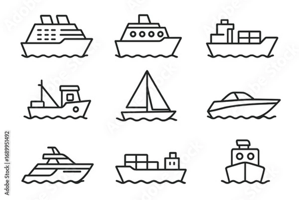 Fototapeta Ship and boat line icon set. Vector collection of various water transport signs. Cruise liner, cargo ship, sailboat, yacht, fishing boat symbols for web and graphic design.