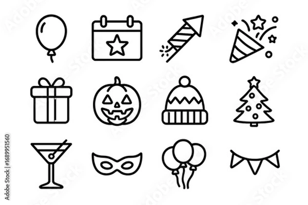Fototapeta Holiday celebration party outline icon set. Festive seasonal symbols for Christmas, Halloween, New Year. Vector line art collection with gift, balloon, pumpkin, tree, mask.