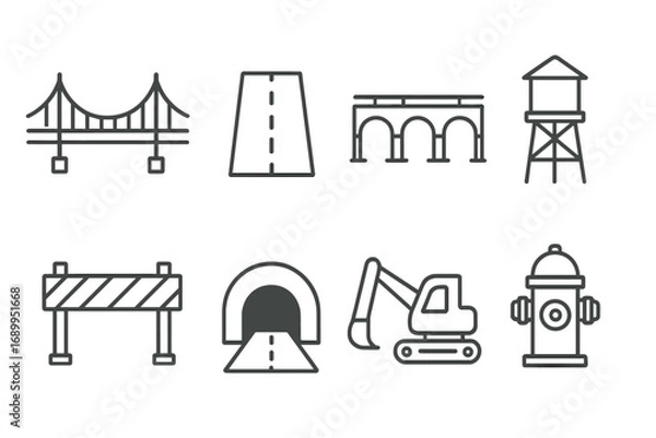 Fototapeta Infrastructure construction line icon set. Civil engineering, public works and urban development symbols. Bridge, road, tunnel, excavator, water tower and utilities icons.