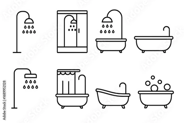Fototapeta Shower and bathtub line icon set. Bathroom fixtures and furniture. Outline pictogram collection for web design, apps, and infographics. Vector symbols for hygiene, washing, and personal care.